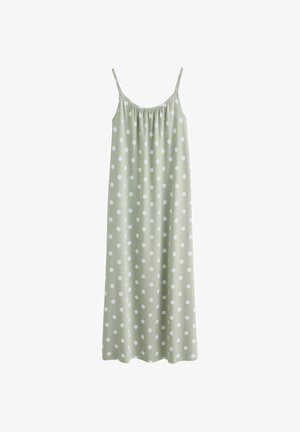 Svetlozelené dlhé šaty bez rukávov s bielymi bodkami a tenkými nastaviteľnými ramienkami.