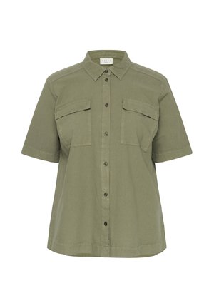 Chemise manches courtes vert olive avec col pointu et deux poches poitrine à rabat.