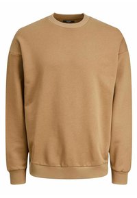 Beige mikina s kulatým výstřihem, ribovanými manžetami a spodním lemem, vyrobená z měkké tkaniny, s volnějším střihem a minimalistickým designem.