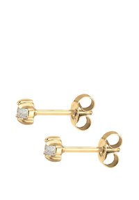 Guld stud øreringe med en struktureret sølvaccent i midten, med et elegant design og butterfly-lukning.