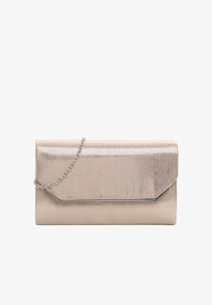 Rectangular beige clutch purse with textured surface, metallic trim on flap, and a silver chain strap draped over the front.