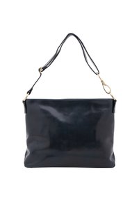 Marineblauwe leren schoudertas met een gladde textuur, vierkante rechthoekige vorm, verstelbare schouderriem en hardwareaccenten in goudkleur.