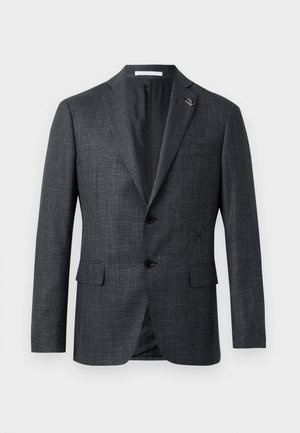 Dark gray, textured blazer with notch lapels, two front pockets, button closure, and small pin detail on the lapel. Smooth interior lining.