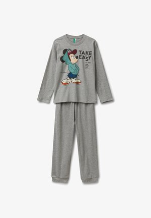 Completo pigiama grigio con parte superiore a maniche lunghe caratterizzata da una grafica di cartone animato e testo, abbinato a pantaloni elastici in vita. Tessuto morbido, vestibilità casual.