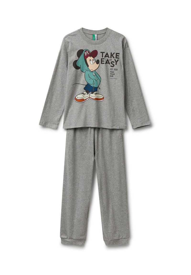 Šedý pyžamový set obsahující dlouhé rukávy s karikaturou a textem, doplněný o kalhoty s elastickým pasem. Měkce tkanina, volný střih.
