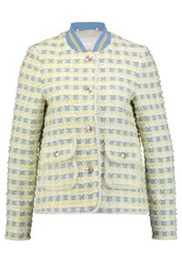 Tweedjacke in Blau und Gelb mit strukturiertem Muster, geripptem Kragen, Fronttaschen und glänzenden Knopfverschlüssen.