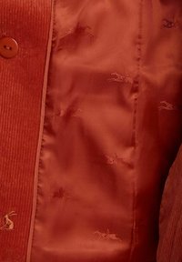 Rūsgani kordūras audums ar atbilstošu pogu un zīdainu oderi, kas rotāts ar izšūtām zirga un jātnieka motīviem līdzīgā rūsganā tonī.