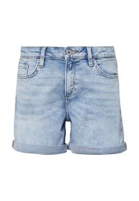Lichtblauwe denimshorts met een opgerolde zoom, vijf zakken en een knoopsluiting. Gladde textuur met subtiele vervagingdetails.