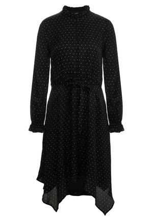 Musta pitkähihainen mekko, valkoisilla pallokuvioilla, röyhelöinen korkea pääntie, solmittava vyötärö ja epäsymmetrinen helma.