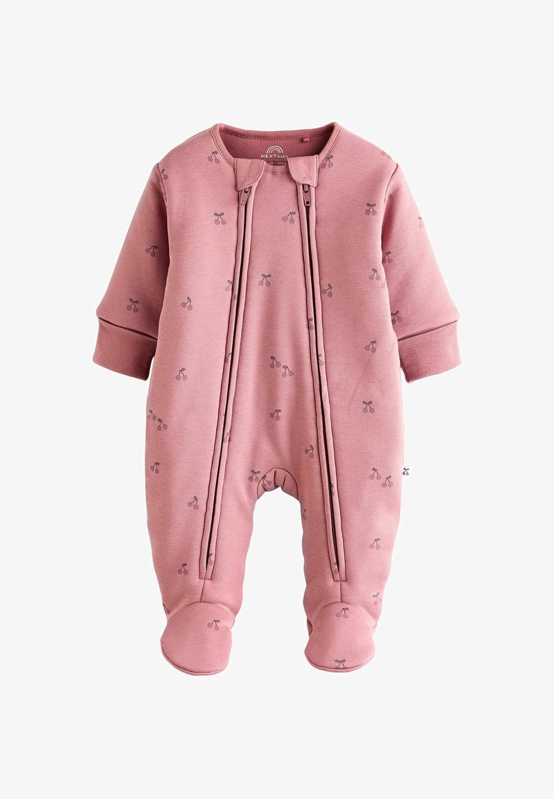 Body per bambini in cotone rosa con maniche lunghe, decorato con motivi di ciliegie, dotato di due zip frontali e design con piedi per calore e comfort.