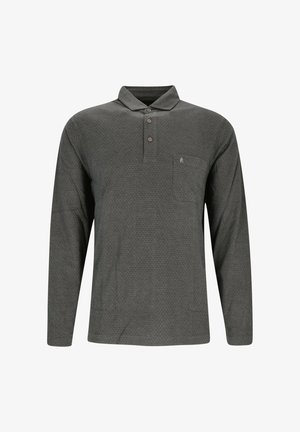 Langarm-Poloshirt in Dunkelgrün mit geometrischem Muster, Knopfleiste und einer Brusttasche. Hergestellt aus einem strukturierten, leichten Material.
