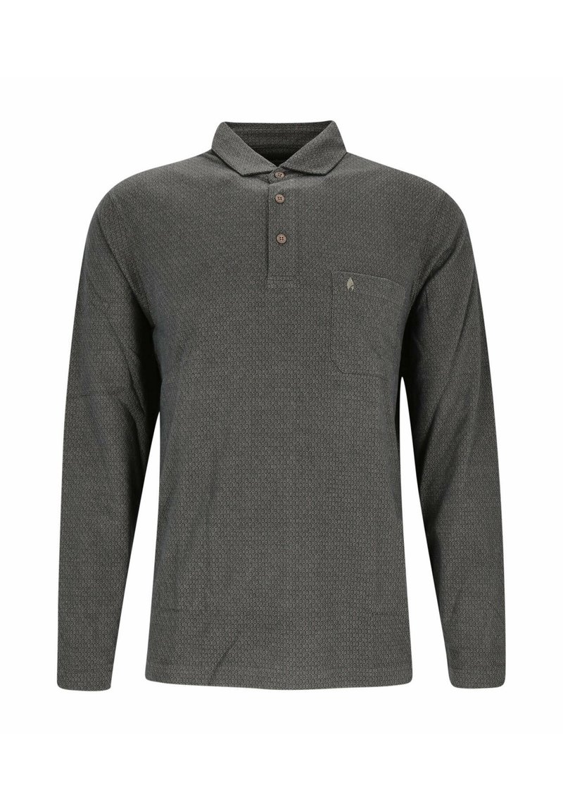Langarm-Poloshirt in Dunkelgrün mit geometrischem Muster, Knopfleiste und einer Brusttasche. Hergestellt aus einem strukturierten, leichten Material.