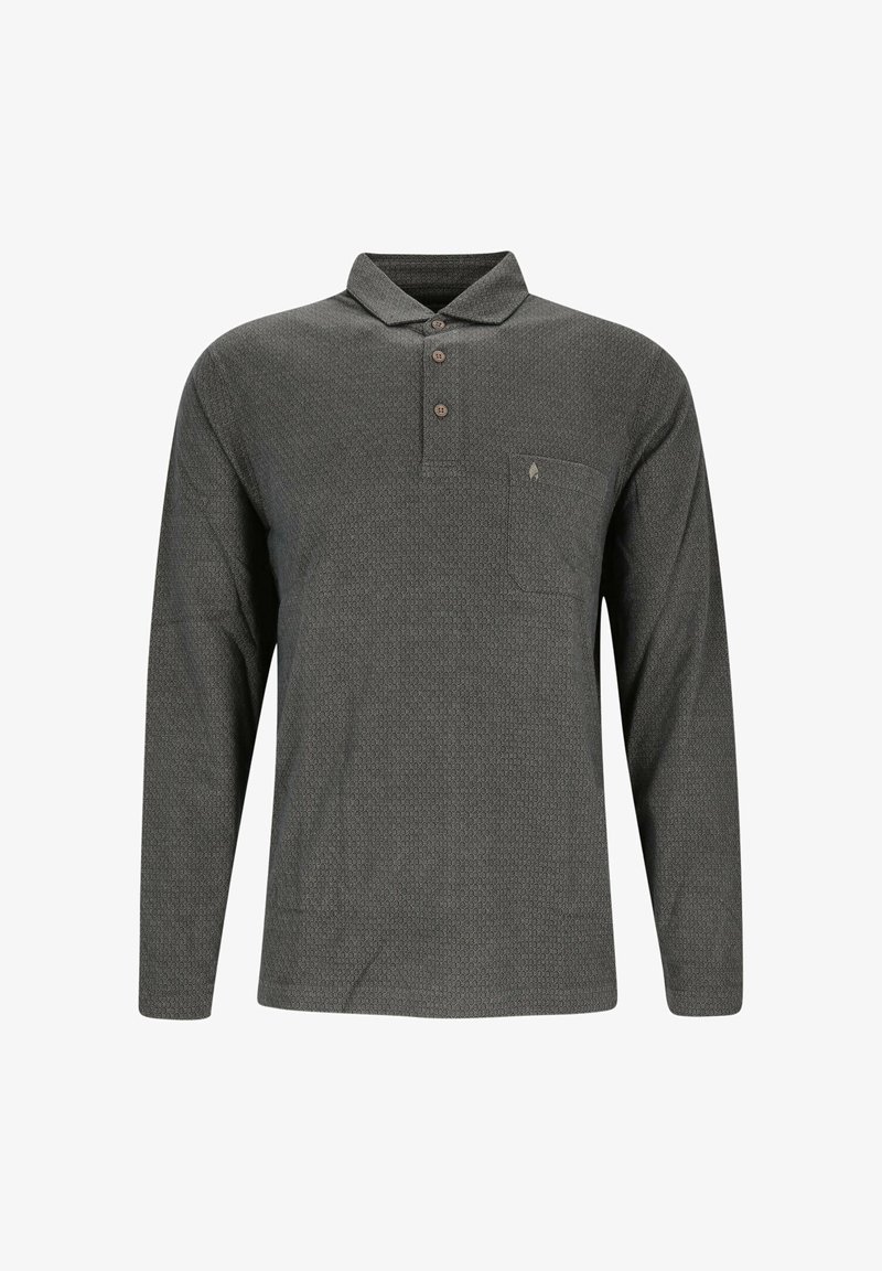 Langarm-Poloshirt in Dunkelgrün mit geometrischem Muster, Knopfleiste und einer Brusttasche. Hergestellt aus einem strukturierten, leichten Material.