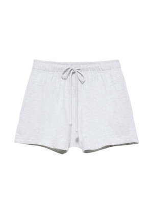 Lichtgrijze katoenen short met een elastische tailleband en een vooraan gestrikte koordsluiting, afgebeeld tegen een witte achtergrond.