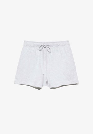 Hellgraue Baumwollshorts mit elastischem Bund und vorne gebundenem Kordelzug, vor weißem Hintergrund dargestellt.