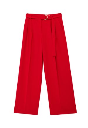 Rote Hose mit weitem Bein, hoher Taille, plissiertem Vorderteil, seitlichen Taschen und passendem Stoffgürtel mit goldener Metallschnalle.