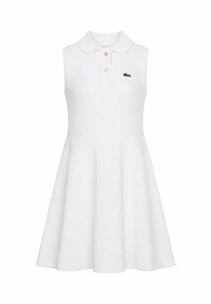 Biała sukienka polo bez rękawów z rozkloszowanym dołem, dwoma guzikami i małym zielonym logo krokodyla na piersi.