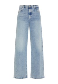 Jeans a vita alta e gamba larga in denim blu chiaro. Presentano cinque tasche, una chiusura con bottone e una texture liscia e leggermente sbiadita.