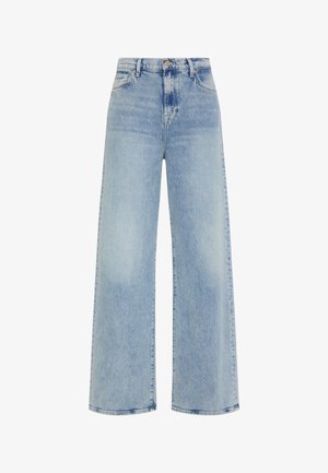 Højtaljede, brede jeans i lyseblå denim. Har fem lommer, en knaplukning og en glat, let falmet tekstur.