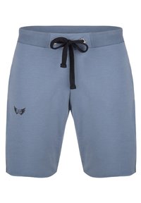 Miestne modré bavlnené šortky s čiernou šnúrkou na zväzovanie, rebrovaným pásom a čiernym logom s krídlami na ľavom stehne.