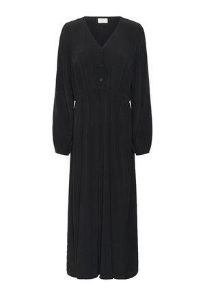 Zwarte lange jurk met lange mouwen van gladde stof, met een V-hals, drie knopen en een geraffineerde taille met een vloeiende rok. Normale pasvorm.