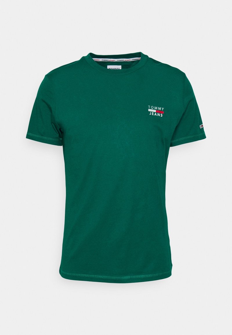 Zelené bavlněné tričko s kulatým výstřihem, krátkými rukávy a malým bílým logem "TOMMY JEANS" na horní levé straně.