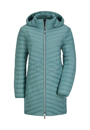 Veste isolée de couleur bleu-vert clair avec un motif en chevrons, capuche et fermeture éclair à l'avant. Texture lisse et manches longues pour la chaleur.