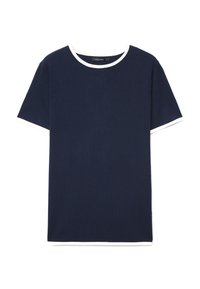 Dunkelblaues T-Shirt mit kurzem Arm, geripptem Stoff und weißem Rundhalskragen sowie Ärmelabschlüssen. Einfaches, gerade geschnittenes Design ohne Muster.