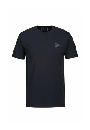 Zwarte katoenen T-shirt met een ronde halslijn, korte mouwen en een klein rechthoekig logo-opdruk op de borst. Glad textuur, regular fit.