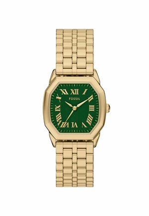 Orologio ottagonale dorato con quadrante verde testurizzato, marcatori in numeri romani e bracciale in metallo dorato con design a maglie.