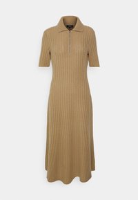 Stickad polo klänning i beige med korta ärmar, med en halvdragkedja och ribbad textur, som når en utsvängd kant.