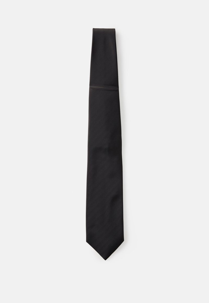 Cravate en soie noire avec une texture en côtes diagonales, dotée d'une pointe et d'une finition soignée. Mesure environ 150 cm de long.