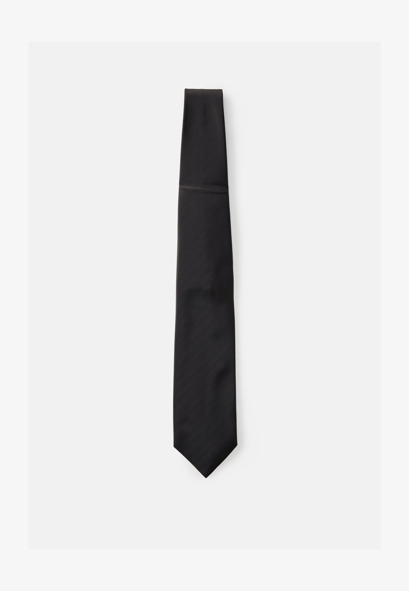 Cravate en soie noire avec une texture en côtes diagonales, dotée d'une pointe et d'une finition soignée. Mesure environ 150 cm de long.