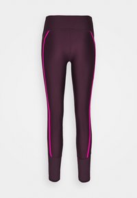 Lila leggings med rosa sidremsor, med hög midja och elastisk midjeband. Slitstarkt, stretchigt tyg, designat för komfort och passform.