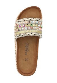 Sandalo slide con una fascia intrecciata che presenta elementi decorativi multicolore, dettagli dorati e una soletta marrone imbottita. Taglia 38.