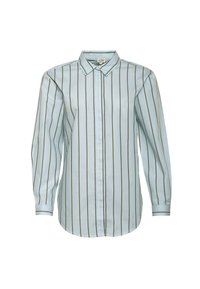 Light blue long-sleeve shirt with vertical green stripes, button-down collar, and cuffed sleeves, featuring a straight hem and smooth texture.