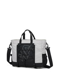 Borsa a tracolla grigia e nera con superficie testurizzata, spallaccio regolabile, manici doppi e design con cordino elastico sulla parte frontale.