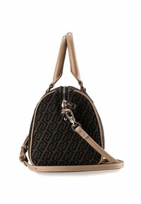 Borsa a tracolla nera e marrone con motivo a fantasia, forma arrotondata, dettagli in pelle beige a contrasto, doppie maniglie superiori e tracolla regolabile.