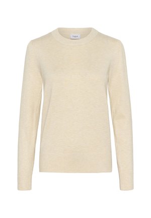 Vaaleanbeige neulepusero, jossa on pyöreä pääntie, pitkät hihat sekä ribbireunat hihansuissa ja helmassa. Pehmeä rakenne, minimaalinen muotoilu, saumaton rakenne.