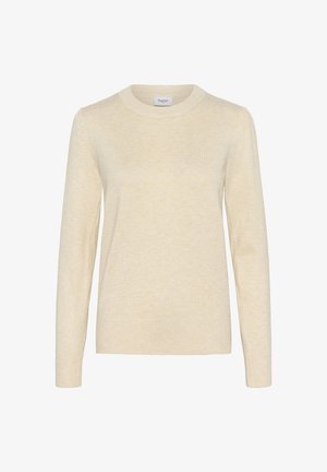 Light beige knitted sweater with a round neckline, long sleeves, and ribbed cuffs and hem. Soft texture, minimal design, seamless construction.