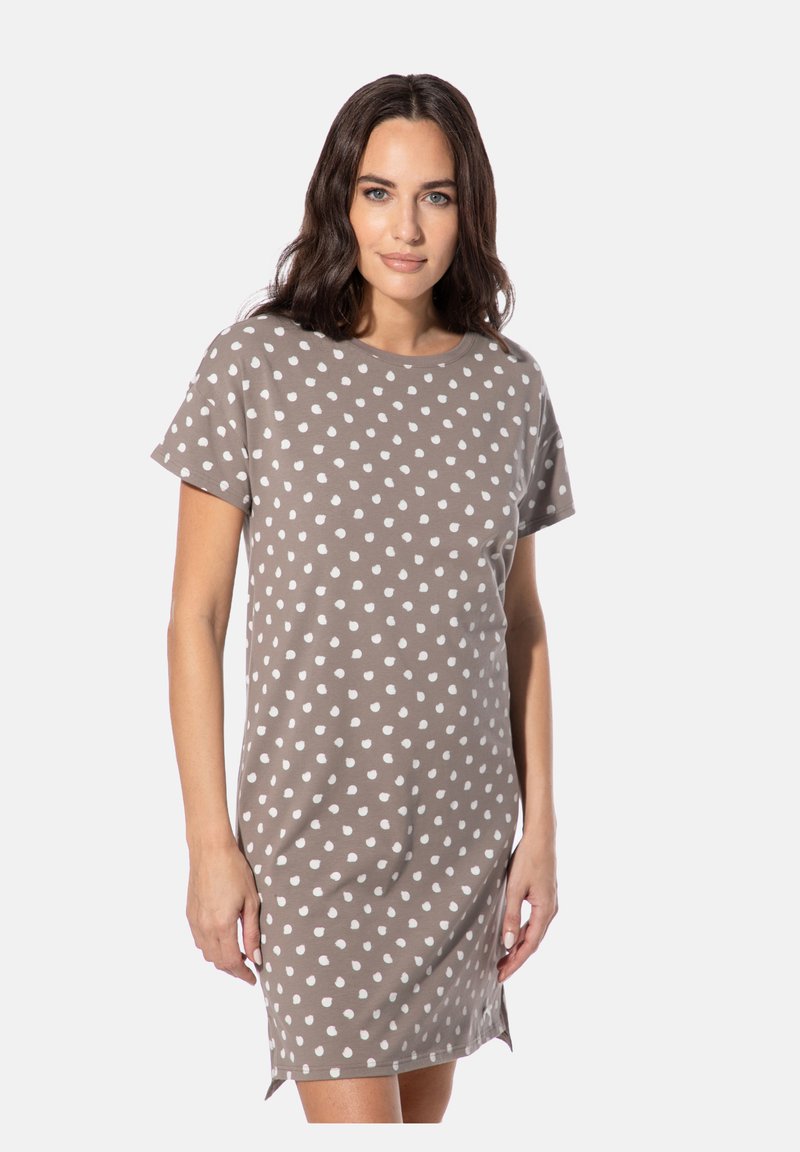 Grau gepunktetes Kleid aus weichem Stoff. Es hat kurze Ärmel, einen Rundhalsausschnitt und eine leicht lockere Passform mit seitlichen Schlitzen am Saum.