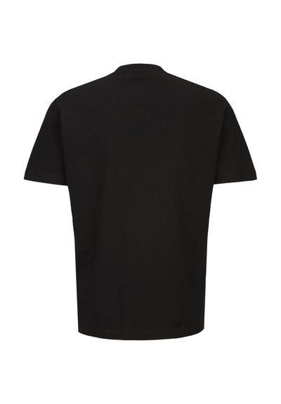 Black short-sleeve t-shirt made of cotton, featuring a crew neck and a relaxed fit. Smooth texture with a simple, solid design.