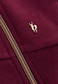 Primo piano di tessuto lavorato a maglia color mogano con una cerniera dorata e una piccola spilla dorata con la lettera "b" attaccata vicino alla cerniera.