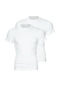 Dwa gładkie, białe T-shirty wykonane z bawełnianego materiału. Posiadają krótkie rękawy i okrągły dekolt, a ich struktura jest gładka.