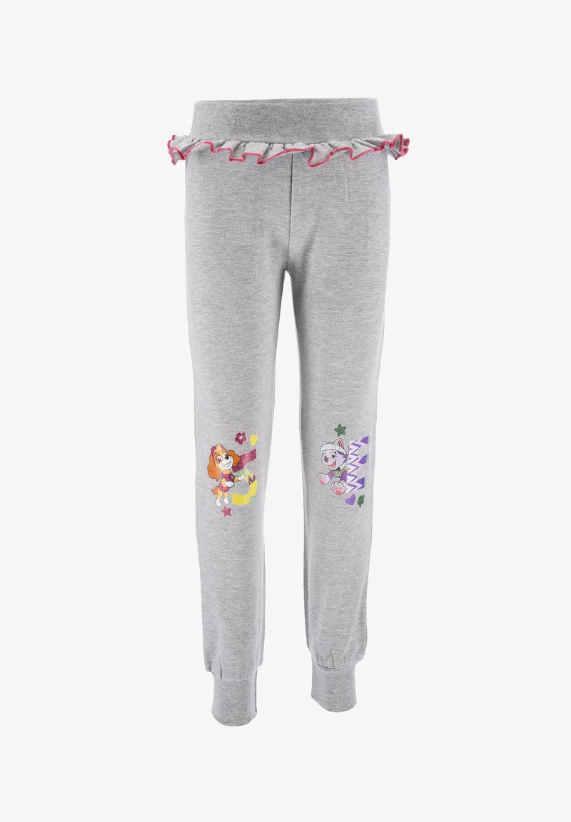 Graue Sweatpants mit einem rüschengeschmückten pinken Bund, die bunte gedruckte Cartoon-Charaktere und florale Designs auf der Vorderseite aufweisen.