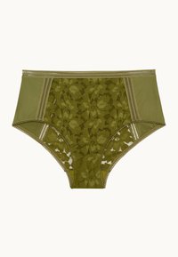 Culottes taille haute vert olive avec détails en dentelle florale, tissu lisse, bord décoratif et taille élastique.