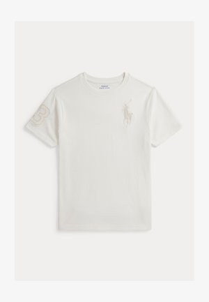 White cotton T-shirt featuring a tonal embroidered logo on the chest and a large "3" on the sleeve. Classic crew neck and short sleeves.