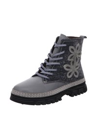 Gray ankle boot with leather and textured fabric upper, flower accents, gray laces, thick black sole, and stitch detailing around the midsole.