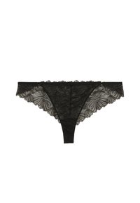 String en dentelle noire avec des bords festonnés et un motif floral. Caractéristiques d'accents en métal doré et d'une texture transparente sur l'ensemble.