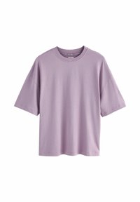 Lilac oversized short-sleeve cotton T-shirt with a crew neck, displayed on a white background.